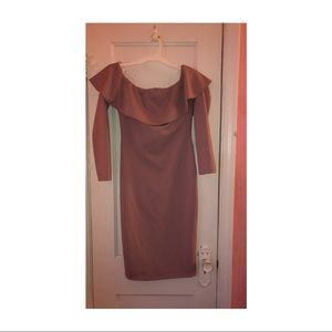 Off the shoulder lavender dress.